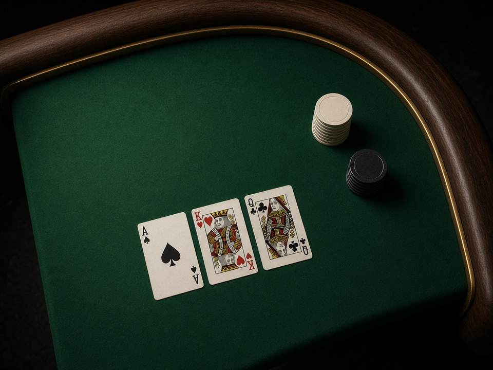 Table de blackjack, cartes et jetons sur un tapis vert.